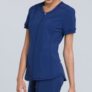 Cherokee Infinity Women's Zip Front Round Neck Solid Scrub Top Medium Navy
